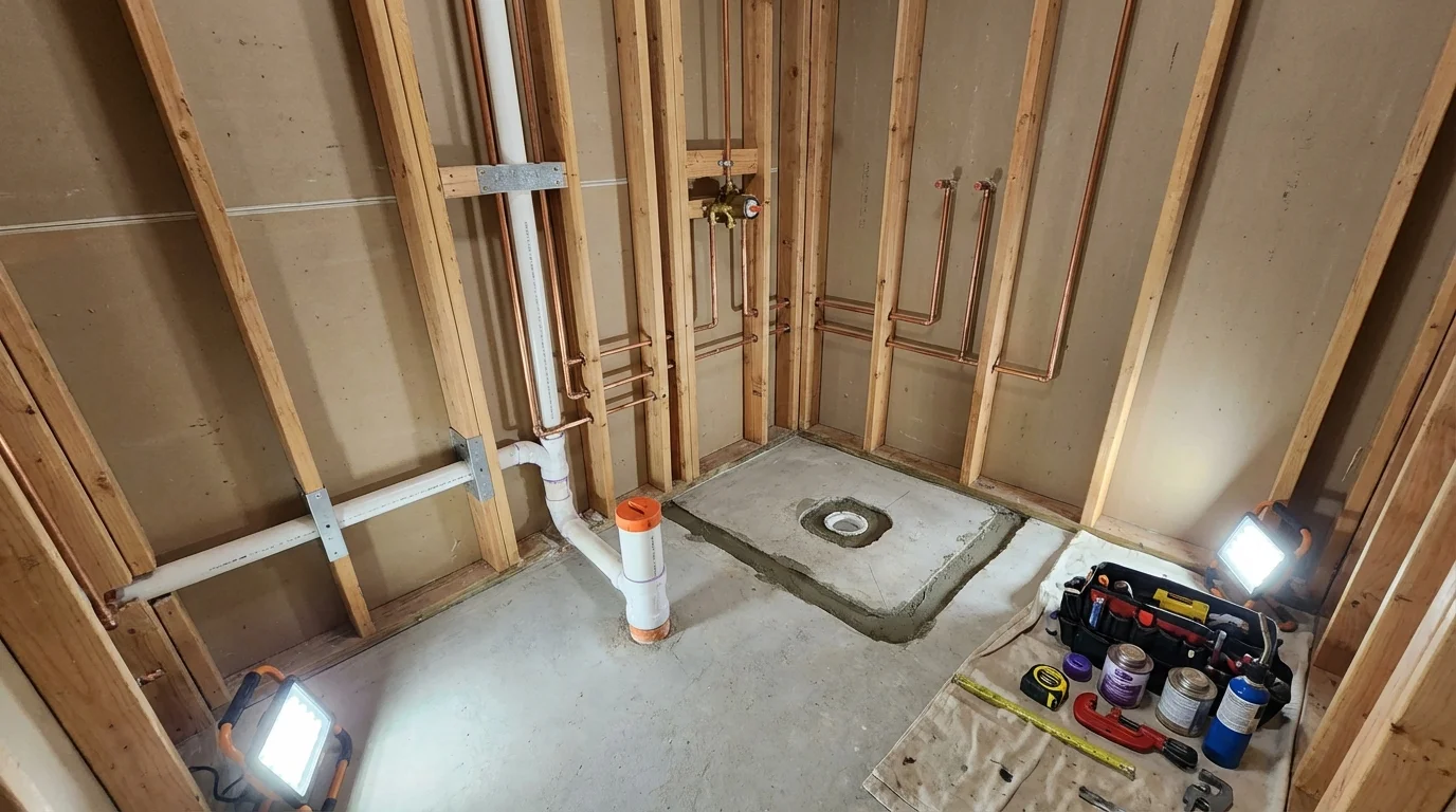 Bathroom rough-in plumbing during remodel by Johns Plumbing LLC in Merrimack