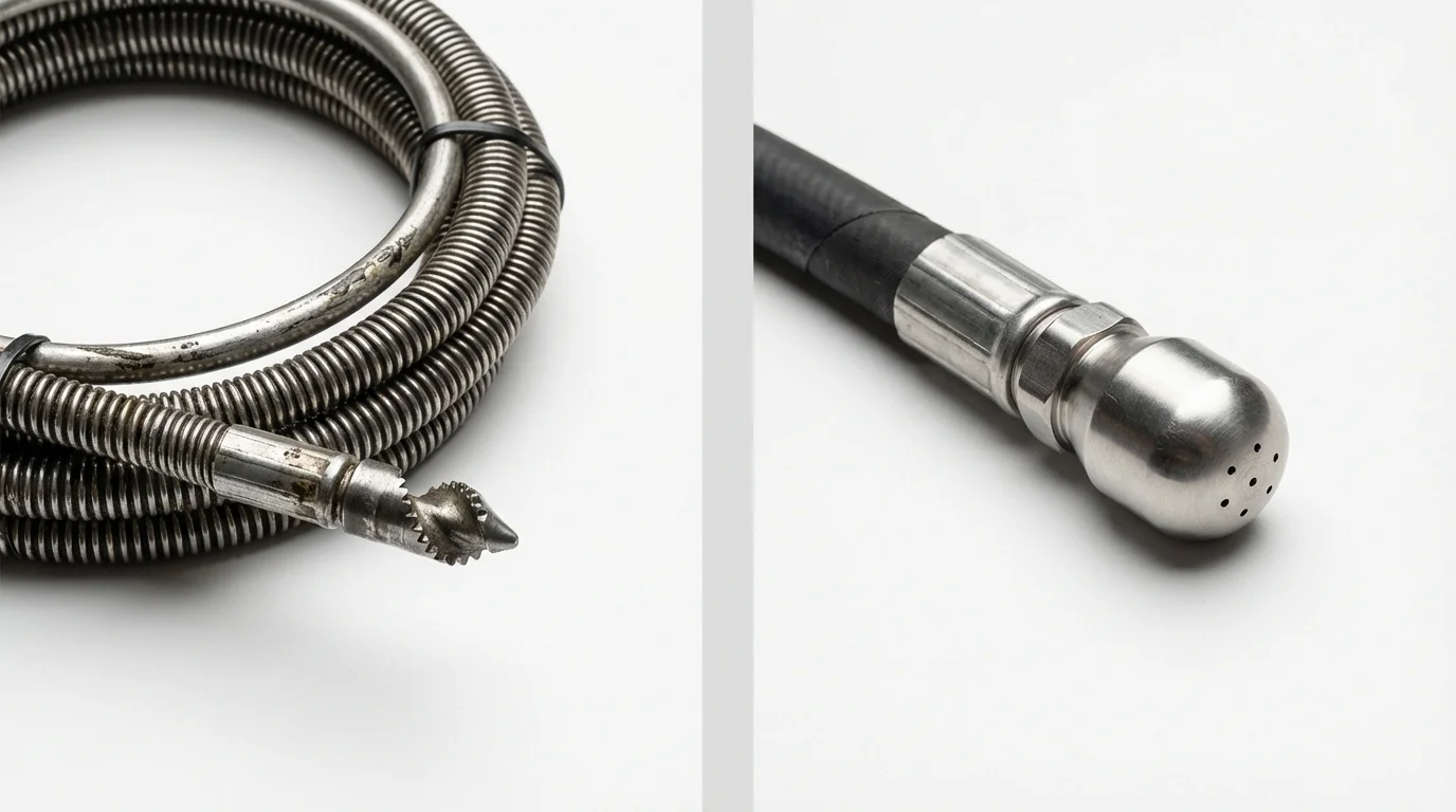 Drain snake cable and hydro jetting nozzle used for drain cleaning in Merrimack, NH