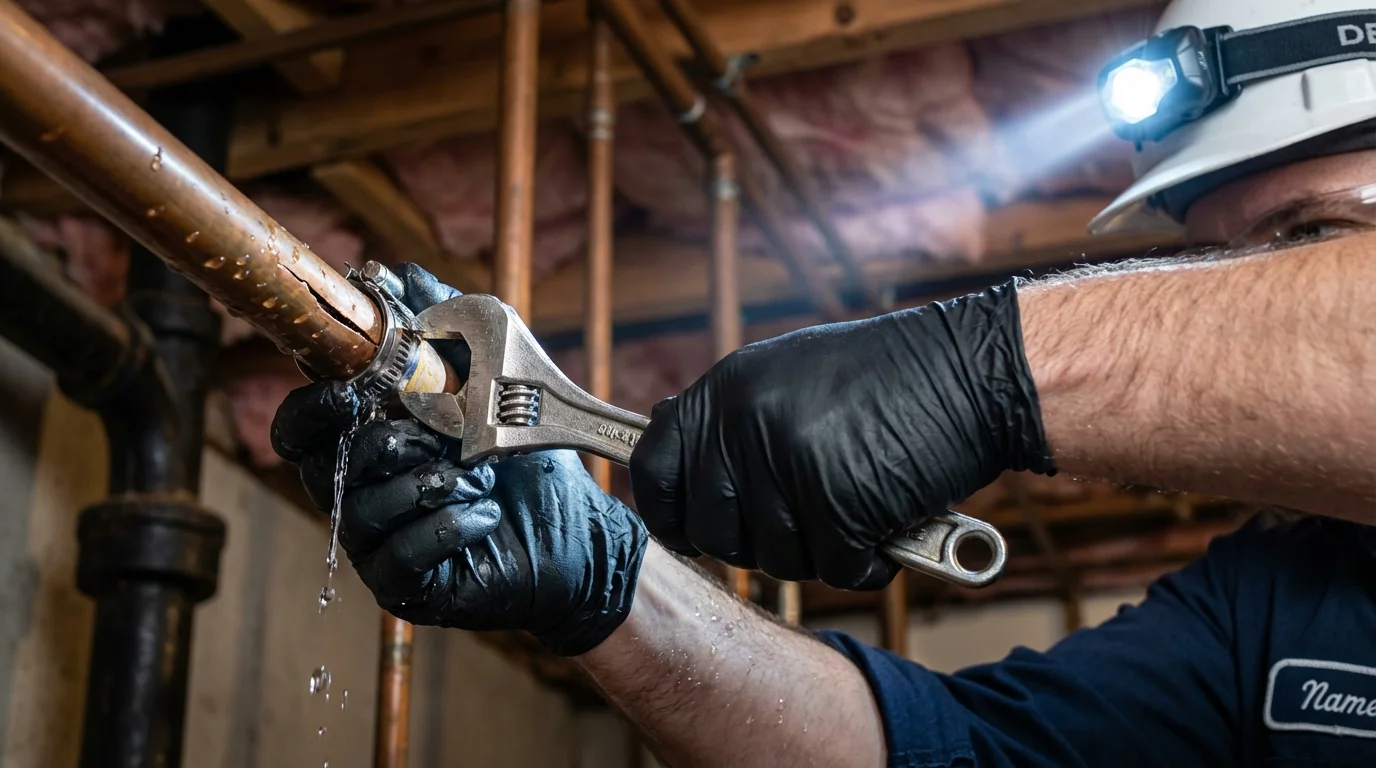 Emergency pipe clamp repair being performed by a Johns Plumbing LLC plumber in Merrimack