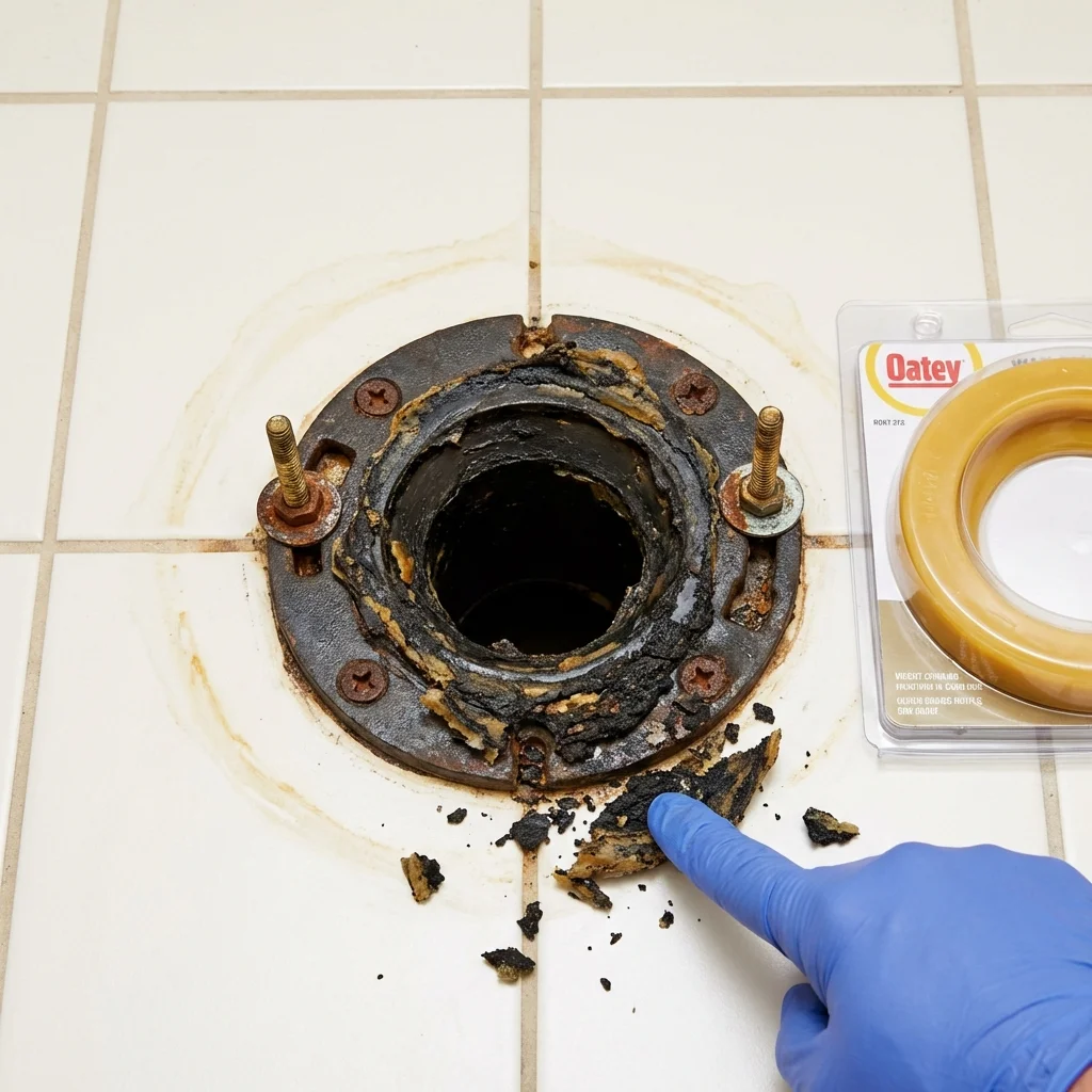 Failed wax ring showing water seepage at the base of a toilet in a Merrimack, NH home