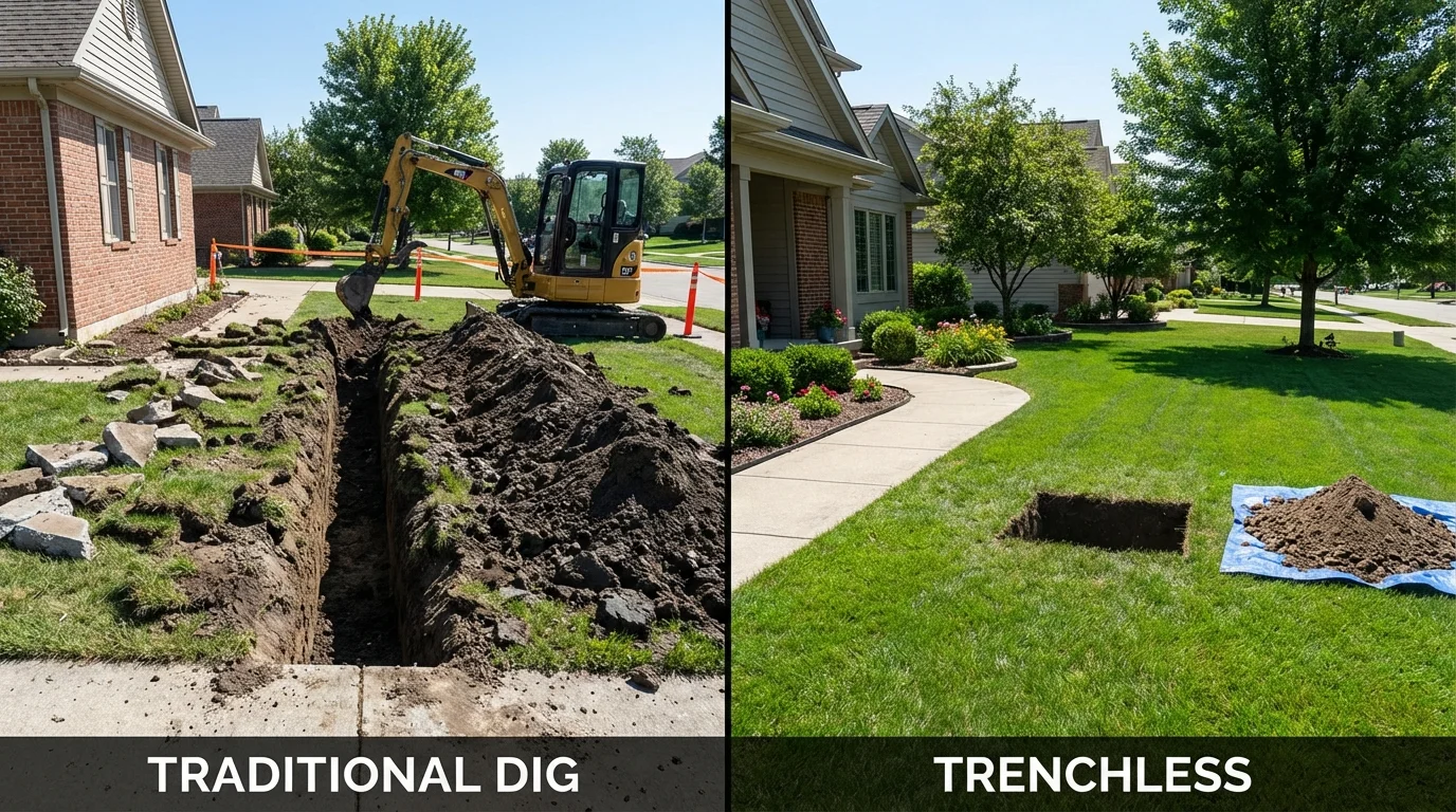 Trenchless sewer repair with minimal yard damage versus traditional excavation in Merrimack, NH