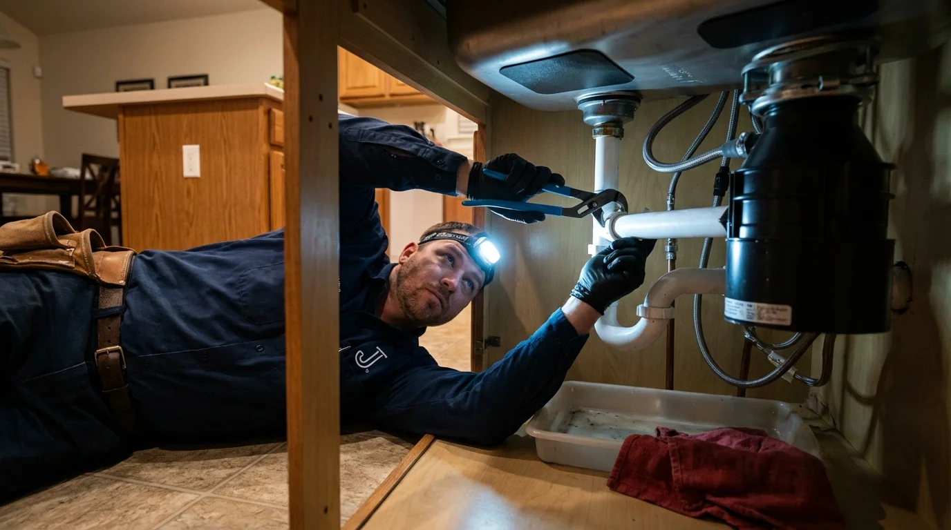 P-trap and supply line connections under a kitchen sink showing a common leak point in Merrimack, NH